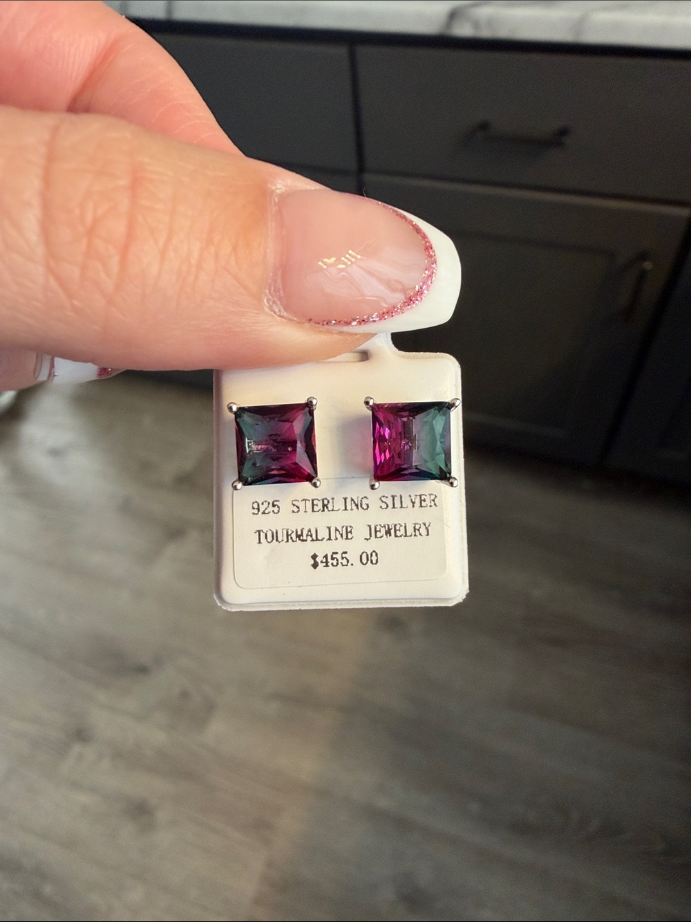Silver Tourmaline Square Stud Earrings - Green & Pink - Picture 1 of 1